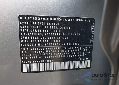 2021 Volkswagen Tiguan 2.0T Se/2.0T Se R-Line Black/2.0T Sel from USA, damaged, VIN 3VV2B7AXXMM063067